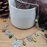 Owl and Woodland Charm Necklace: Cottage Core Earth Tones Gemstone and Glass Beaded Jewelry
