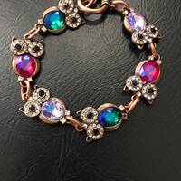 Owl Bracelet Vintage Look Antique Copper Owl Charm Bracelet Jeweled Owl Charms Toggle Statement Bra