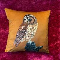 Tawny Owl Velvet Cushion Cover: Burnt Orange Bird Art