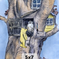 Winnie The Pooh and Owl at Owl's House Vintage Watercolor Print