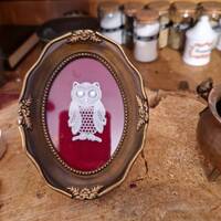 Petit cadre avec hibou en dentelle   : objet déco pour sorcière, wicca