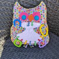 Owl pillow 11" toy with pockets for baby girls, owl toy, crinkle noise owl toy, teething links 