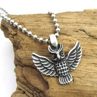 Owl Necklace, 32x31mm Owl Pendant, Custom Length 3.2mm Stainless Steel Ball Chain Necklace, Item 252