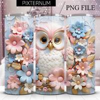 Seamless 3D Owl Tumbler Wrap, Pink and Blue Flowers PNG 3D Tumbler Design, Straight 20oz Skinny Tumb
