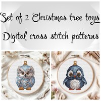 Set of 2 Cross stitch pattern - owl and penguin - Chrictmas tree toys embroidery chart - Digital cro