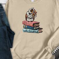 Book Owl Crewneck Sweatshirt - Wise Owl with Books Sweatshirt - 3 Colors Available: White / Sand / S