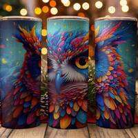 3D Art Tri-Colored Owl 20 oz Skinny Tumbler Sublimation Design, Straight & Tapered Tumbler Wrap,