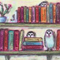 Owl library owls and books original painting on board,8 x 10’’