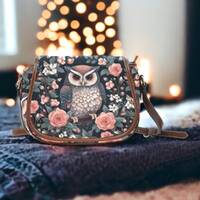 Cottagecore Pink rose Cute Owl Canvas saddle bag, Bird floral Nylon small large crossbody bag, Brown