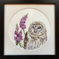 Barred Owl With Snapdragons - Original Watercolor - Owl with Purple Flowers, Barred Owl Painting