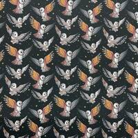 Night Owl "What A Hoot" On Black Stretch Jersey Fabric Material 60 Inch Width By The Metre