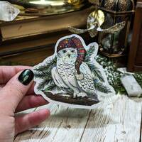 Holographic Snowy Owl Sticker, Laminated Christmas Owl Wearing Stocking Cap Stickers for Water Bottl