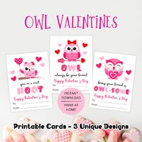 Owl Valentine Cards Printable for Kids, Fun Pink Happy Valentine's Day Instant Digital Download,