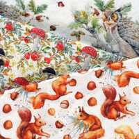 SQUIRRELS, MUSHROOMS and OWLS - woodland themed fabric with cheeky red squirrels, mushrooms and  Eur