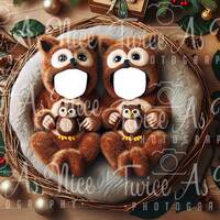 Newborn Christmas Twin Owl Face Insert Digital Backdrop - Festive Christmas Photography Background f