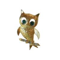 Vintage PELL Owl Brooch: Gold-Plated Rhinestone Figural Pin