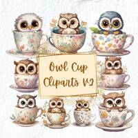 Floral Owl Cup Clipart, Cute Owl Watercolor Clipart PNG, Birthday Baby Shower Nursery Clipart, For G