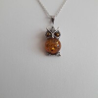 Cognac Baltic Amber Owl Pendant: Sterling Silver Bird Necklace Jewelry