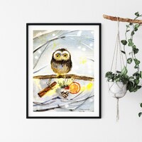 Christmas Owl Watercolor Art Print: Woodland Nursery Decor
