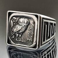 Sterling Silver Greek Owl Coin Ring: Athena Goddess Jewelry