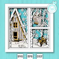 3D SVG Winter Shadow Box, Layered Owl Shadow Box Svg, Snowflakes 3D Svg Birch Forest 3d Svg Christma