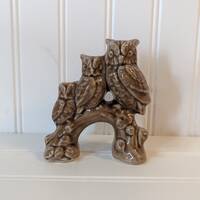 Vintage Hand painted Trio of Ceramic Owls on a Tree Branch