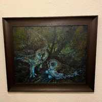 Mysterious nesting owls oil on board framed painting