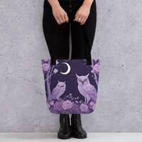 Owls under a crescent moon tote bag