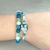 Teal Glass Beaded Bracelet Set: Owl Charm, Stretchy Bracelets