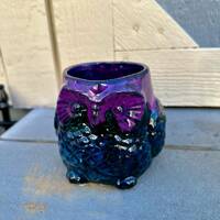 Hand Glazed Stoneware Owl Mug: Black Opal Purple Peacock, 24 Oz