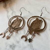 owl earrings, silver owl earrings, owl jewelry, moon and star, gift, dangle earring, holiday, jewelr