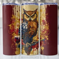 Owl Wine Label Tumbler Sublimation Design: 20 oz Skinny Tumbler (Digital Download PNG)