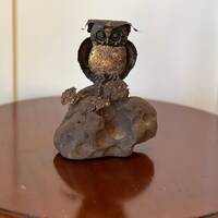 Vintage MCM Brutalist Owl Metal Sculpture set on a Rock - Mid-Century Modern Metal Art
