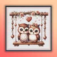 Watercolor Owl Couple on Swing Counted Cross Stitch PDF Pattern, Wedding Birds, Valentine Owls, Hand