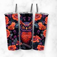 20oz skinny vibrant tropical floral owl 2 tumbler wrap, Sublimation design templates, straight png D
