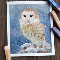 Barn Owl Painting: Original Oil Pastel Winter Art (6.5"x5.5")