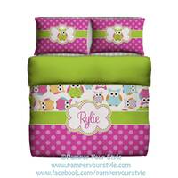 Personalized Owl Bedding for Kids -  Custom Childrens Bedding - Owl Personalized Bedding - Owl Monog