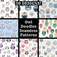 Owl Doodles Seamless Pattern: 50 PNG Digital Papers (Digital Download)