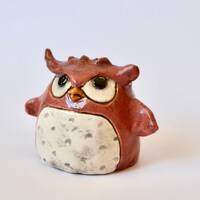 Jude the Red Owl - Original, One-of-a-Kind Art Sculpture - hand sculpted statue - salsa rust red &am