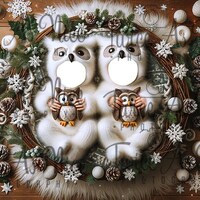 Newborn Christmas Twin Owl Face Insert Digital Backdrop - Festive Christmas Photography Background f