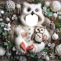 Newborn Christmas Owl Face Insert Digital Backdrop - Festive Christmas Photography Background for Ba