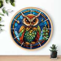 Owl Silent Wall Clock, Faux Stained Glass Art Decor, Unique Home Office Decor, Owl Lover Gift, Bird 