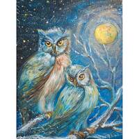 Owl Couple Original Oil Painting Owl Wall Art Wodland Animals Owl Nursery Decor 7' by 10'