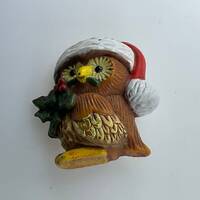 Vintage Hallmark Pin Brooch Christmas Owl In Hat With Holly Brown Green Red Yellow Used
