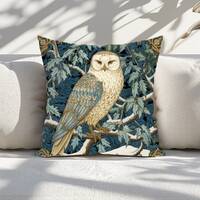 Owl Throw Pillow - William Morris Inspired Decorative Cushion - Victorian Illustration Style Decor A