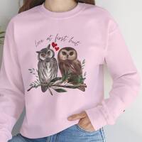 Love at First Hoot Owls Unisex Heavy Blend™ Crewneck Sweatshirt, Heart on Sleeve owl design, G