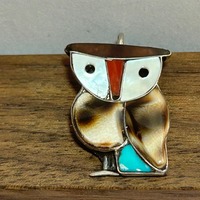 Zuni Turquoise Red Coral Sterling Owl Pendant Multi Stone Agate Jet MOP Pearl 925 Silver Bird Vintag
