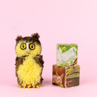 Vintage Steiff Brown and Yellow Pom Pom Owl, Mid Century German Toy, with Button and Flag, 9cm