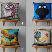 Owl & Rooster Pillow Cover, Animal Cushion Cover, Cute Owls Pillow Case, Country House Decor, Ro