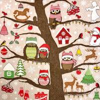 3 Decoupage Napkins, Christmas Owls 13" x 13" Unfolded